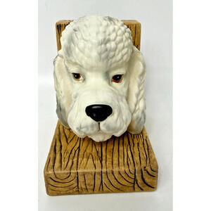 Vintage LEFTON Japan White POODLE Dog Head Brown Wood Grain Bookend H25816